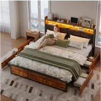 ADWOLT Metallbett Polsterbett mit LED Beleuchtung,140x200cm Holzbett (Set, 1-tlg., mit 4 Schubladen), Braun Doppelbett,ohne Matratze