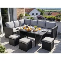 MeXo Gartenlounge-Set Polyrattan Gartenmöbel Set 8 Personen mit Esstisch, (Belastbarkeit pro Sitzplatz bis zu 140kg, 7-tlg., 3x Hocker, 2x 2er Sofa, 1xEcksofa, Tisch 132x76x67cm, Inkl. Auflagen), wetterfestes Loungemöbel Set für Terrasse und Garten