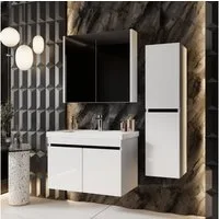 Karen Badmöbel-Set Badmöbel Set Venus, (Komplett-Set, Standartmäßig 3-Teilig (Unterschrank, Spiegelschrank, Waschbecken), Optionaler Hochschrank, 3-St., Unterschrank mit Türen, Spiegelschrank mit Türen & Regalen), Futuristisches Design, Highgloss-Bes