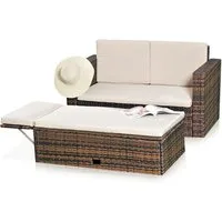 Feel2Home Garten-Essgruppe Gartensofa Fußbank Lounge Polyrattan Outdoor Garnitur versch. Farben, (Set, Sofa & Ottomane), Kissen inkl. Reißverschluss daher abnehm- und waschbar