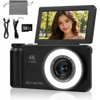 XEOOCE 4K Digitalkamera 64MP mit Flip Display Autofokus 18x Zoom Kompaktkamera (64 MP, 20 Filter)