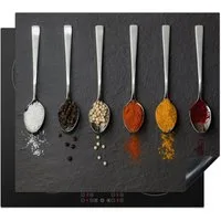 MuchoWow Herd-Abdeckplatte Gewürze - Löffel - Tisch - Rustikal - Gewürze, Vinyl, (1 tlg), Küche Herdabdeckplatte Ceranfeld Vinyl Einteilig, 59x52 cm