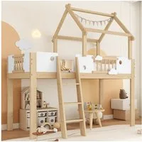Merax Hochbett (1-St) Kiefer Kinderbett 90x200cm mit 3-stufiger Schrägleiter, Dach & Zaun