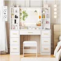 BEWISHOME Schminktisch mit Spiegel und Hocker, Ladestation, 7 Schubladen, LED-Beleuchtung (1-St), 100 x 40 x 140cm