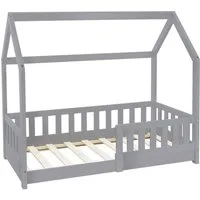 ML-DESIGN Spielbett Hausbett Kinderbett inkl. Lattenrost kreativ Bodenbett für Kinder, Abenteuerbett mit Rausfallschutz Kiefer Hellgrau Himmelbett Bettenhaus