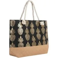 KARMA Strandtasche Damen Ananas Schwarz Gold 55 cm (1-tlg., Tasche für Strand, Urlaub, Pool, See, Sommer, Freizeit, Shopper), Badetasche mit Reißverschluss Polyester Innentasche