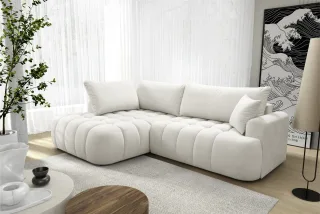 Ecksofa mit Schlaffunktion NANTES Sofa in Stoff Soft Weiß Ottomane Links