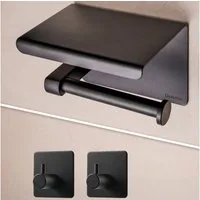 Dolvhin Toilettenpapierhalter ohne Bohren & 2 Handtuchhaken, Klopapierhalter mit Ablage (Edelstahl Klorollenhalter), zum Bohren oder Kleben inkl. extra starkem 3M Klebestreifen