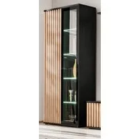 Furn.Design Stauraumvitrine Morgan (Vitrinenschrank Schwarz mit Eiche Lamellen, 80 x 192 cm, 10 Fächer) mit Push-to-Open, inklusive LED Beleuchtung