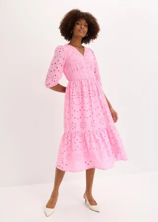 bonprix Lochstickerei-Midikleid aus reiner Baumwolle, rosa, Gr.50, feminines Midkleid aus reiner Baumwolle mit dekorativer Lochstickerei und kleiner Knopfleiste vorne am Ausschnitt, aus 100% Baumwolle