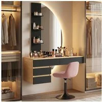 HOMALL Schminktisch Hängender Schminktisch mit drei einstellbaren Farbtemperaturen (LED-Silikon-Lichtleiste in drei Farben, Maße: 106 × 40 × 143 cm, mit 3 offenen Ablagefächern und 2 Schubladen, für vielfältige Einsatzmöglichkeiten geeignet)