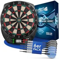DartPro Dartscheibe elektronisch - für Profis -, (Elektrisches Dartboard mit 6 Pfeilen), 21 Spiele, 65 Varianten - LCD-Display - Batterie- & Netzbetrieb