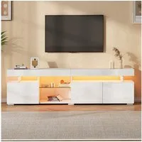 KLAM HOME Lowboard Weißer Hochglanz TV-Schrank 180cm für 80 Zoll mit 3 Türen & LED (Lowboard mit App-gesteuerter Beleuchtung & verstellbarem Glasfach), Moderner TV-Ständer mit viel Stauraum & Hochglanz-Optik für Wohnzimmer