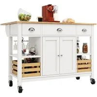 i@home Kücheninsel Küchenschrank, Essschrank, Esszimmerwage,360 Grad drehbare Räder, (Bis 60 kg belastbar, 2 Schiebetüren und 2 Schubladen,120×45×90cm), Multifunktions-Esstisch mit Kiefernkorb Aufbewahrungskorb, Weiß