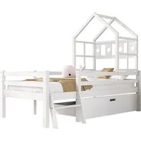 BlingBin Kinderbett Hausbett Hochbett mit Schubladen (1-tlg., mit Rausfallschutz und Leiter 90x200cm Weiß), inkl. Lattenrost, Kiefer-Massivholz