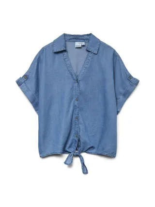 VERO MODA - VMFLEUR SS BOW TENCEL SHIRT Medium Blue Denim - Gr. - M