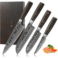 Wakoli Messer-Set EDIB Essentials 4er Damastmesser-Set Küchenmesser Kochmesser (Damastmesser mit Geschenkbox, 4-tlg., 4er Damastmesser-Set), VG10 Kern, 67 Lagen Damaststahl, Pakkaholzgriff, inkl. Geschenkbox
