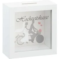 Spetebo Spardose Spardose Hochzeitskasse weiß - 15 cm, (Stück, durchsichtige Scheibe), Sparbüchse mit Sichtfenster und Hochzeitsmotiv