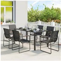Outsunny Garten-Essgruppe Glastisch mit 6 Atmungsaktiven Stühlen, Dekorative Armlehnen, (Gartenset, 7-tlg., Gartenmöbel Set), bestehend aus 6 Sesseln und 1 Tisch