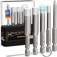 Hardtwerk® Diamanttrockenbohrer Set 6-teilig inkl. Reinigungspin, für Keramik Granit Quarz Kalkstein Marmor Diamantkornung Fliesenarbeit