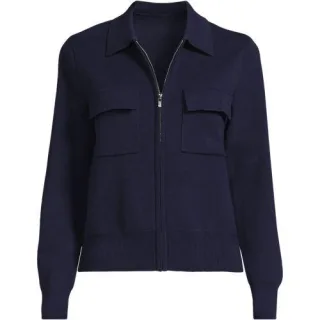 Feinstrick-Blazer mit Reißverschluss, Damen,  Blau, Baumwolle, by Lands' End