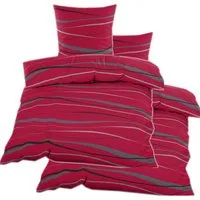 KH-Haushaltshandel Bettwäsche 4-tlg. Biber Winter Bettwäsche 2x(135x200 + 80x80cm), Wellen, Biber, 4 teilig, rot grau schwarz, flauschig weich, warm, Baumwoll Mischgewebe