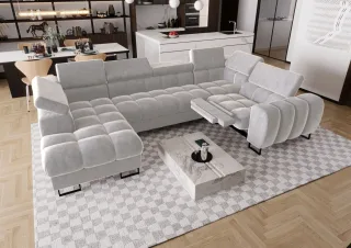 Wohnlandschaft Schlafsofa BASTIEN RELAX in Stoff Terra Hellgrau Ottomane Links