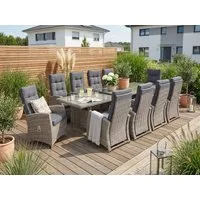 KONIFERA Garten-Essgruppe Monaco, (Set, 31-tlg., 10x Sessel, 1xTisch 200-366x100x75,5cm, inkl. Auflagen, Polyrattan,Alu), Rückenlehne verstellbar, Tischplatte aus 5mm starkem Sicherheitsglas