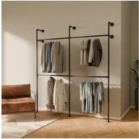 pamo. design Kleiderständer KIM DOUBLE Industrial Kleiderstange zur Wandmontage, Offener Kleiderschrank / Garderobe aus schwarzen Wasserrohren
