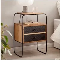 FINEBUY Nachttisch FB55691 Massivholz Steinoptik 2 Schubladen Nachtkommode Industrial (Akazie Massivholz Metall, 40x60x30cm Boxspringbett), Nachtkonsole Steinoptik, Design Nachtkommode