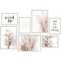 Hyggelig Home Poster Pampasgras - Premium Poster Set OHNE & MIT Rahmen - 7 Wandbilder Boho, Blumen (Set, 7 St), Collage happy life, Qualitätsdruck dickes Papier