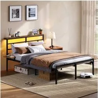 Yaheetech Bettgestell mit LED-Beleuchtung & Ladestation & Seitlicher Ablage, Doppelbett 140 × 200 cm Metallbett mit Stauraum unter dem Bett