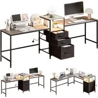 Yorbay Eckschreibtisch L-förmig umbaubar für Gaming, Computertisch mit Steckdosen, USB, LED & Schubladen
