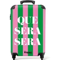 NoBoringSuitcases.com© Hartschalen-Trolley Grüne und rosa Streifen mit dem Spruch 'que sera sera' 55x35x20cm, 4 Rollen, Handgepäck Koffer & Trolleys, Luggage, Reisekoffer Frauen