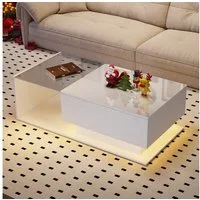 Merax Couchtisch mit Glastischplatte und Schublade, Beistelltisch Hochglanz mit LED inkl. APP, Wohnzimmertisch