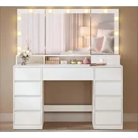 VASAGLE Schminktisch Kosmetiktisch mit 3-teiliger Spiegel, Frisiertisch 11 Glühbirnen (1 Tisch), werkzeuglose Montage, Steckdosen, 9 Schubladen, 3 Lichtfarben