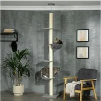 PawHut Kratzbaum mit Hängematte, Kippschutz, Plüsch, Grau+Cremeweiß, 40x40x230-250 cm