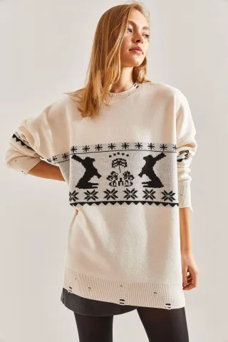 Langer, übergroßer gemusterter Strickpullover mit Rundhalsausschnitt