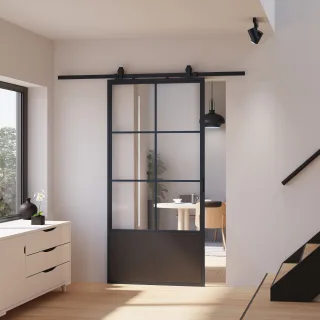 Loftschiebetür 900x2150mm aus Stahl in schwarz mit Glaseinsatz