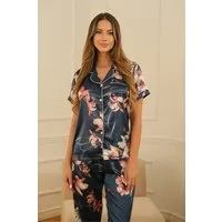 Elegant Love Pyjama Satin Schlafanzug-Set – stilvolle Damen-Nachtwäsche mit Blumendruck (Set, 2 tlg., Kurzarm-Oberteil + lange Hose) Damen Loungewear & Hausanzug – ideal für gemütliche Stunden