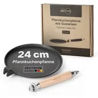 BIG-PAN Crêpepfanne Premium Pfannkuchenpfanne Gusseisen 24 cm Induktion abnehmbarer Griff, Gusseisen (Crêpes Pfanne Gußeisenpfanne Eisenpfanne, Cast Iron Pan), Induktion Holzgriff backofenfest UNBESCHICHTET