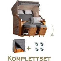 MR.DEKO Strandkorb Komplettset 2-Sitzer Schleswig Pinie 120x160cm + Schutzhülle & Rollen, BxTxH: 120x80x160 cm, Volllieger, Schleswig, (Luxus-Komplettset 4-tlg. inkl. Abdeckhaube, 4-tlg., Strandkorb inkl. Aero Protect, Rollen & Lifter-Set), Wetterfes