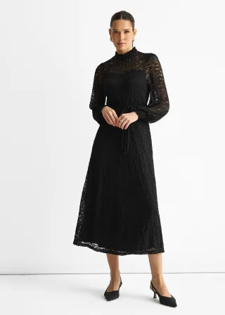 Schwarzes Midikleid aus Jersey mit hohem Halsausschnitt und Spitzeneinsatz