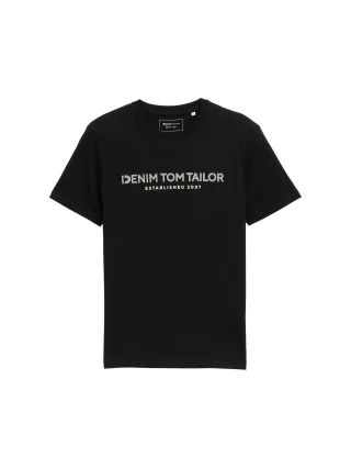Denim Tom Tailor - Basic T-Shirt mit Logo-Print black fake leather - Gr. - S