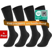 sockenkauf24 Kniestrümpfe Damen & Herren mit Komfortbund ohne Naht aus Baumwolle (Schwarz, 4-Paar, 43-46)
