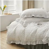 ibettertec Bettwäsche Seersucker Bettwäsche 135x200 Bettwäsche mit Rüschen Streifen Muster, Seersucker, 3 teilig, weich, leicht, flauschig, für alle Jahreszeiten