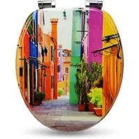 Sanfino WC-Sitz "Colorful Houses" Premium Toilettendeckel mit Absenkautomatik aus Holz, mit schönem Stadt-Motiv, hohem Sitzkomfort, einfache Montage