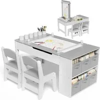 TLGREEN Kindertisch mit 2 Satz Stühlen, Kinder Tisch Stuhl Set Holz (Kindermaltisch mit Papierrolle und Stauraum, Mal und Basteltisch), Wasserdichtes Kindertisch für Malen/Lernen/Essen(ab 3 Jahre)