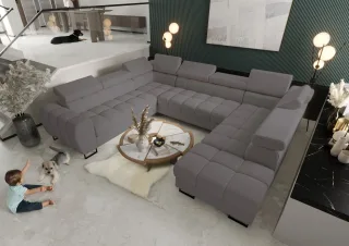 Wohnlandschaft Schlafsofa BASTIEN XL in Stoff Gemma Dunkelgrau Ottomane Rechts