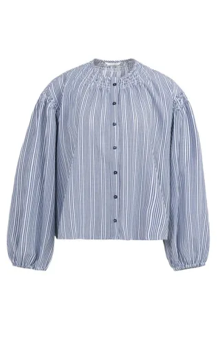 Yaya - Gestreifte Bluse mit Ballonärmeln und Stehkragen blau/weiß - Gr. - 34